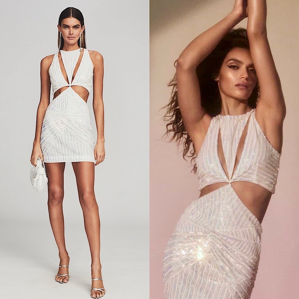 NWT RETROFETE Hand Stitched Iridescent Sequin Geo Cutout Sleeveless Mini Dress M